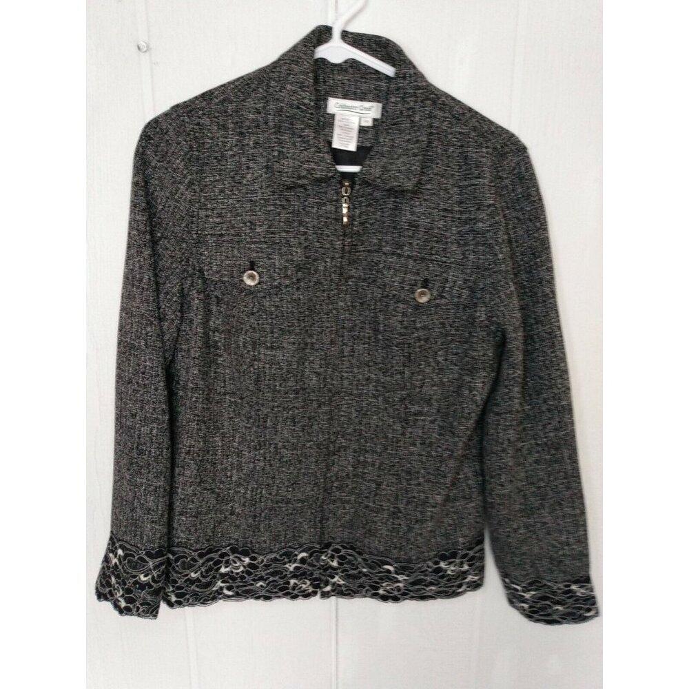 Coldwater Creek Womens Gray Tweed Lace Trim Jacket Zip Front Petite Size PS